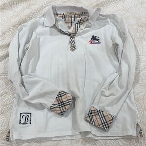 Burberry Ivory Long Sleeve Polo with Plaid Details